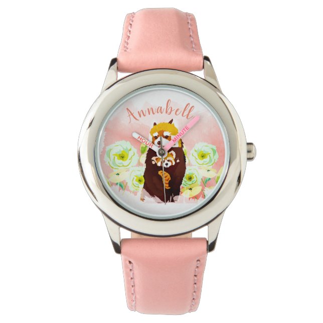 Personalised Pink Floral Red Panda Kid's Watch (Front)