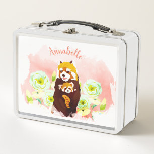 Personalised Pink Floral Red Panda Lunch Box