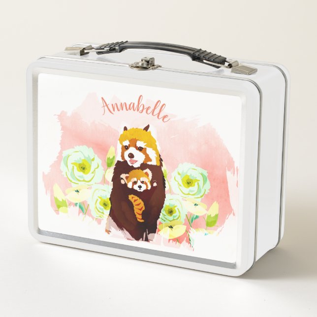 Personalised Pink Floral Red Panda Lunch Box (Front)