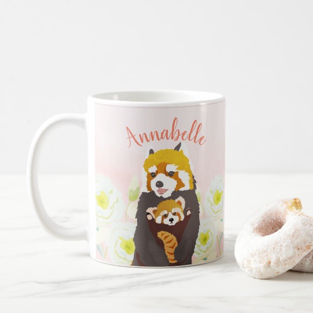 Personalised Pink Floral Red Panda Mum Baby Mug (With Donut)