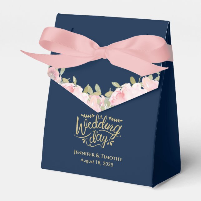 Personalised Pink Floral Wedding Day Navy Blue     Favour Box (Front Side)