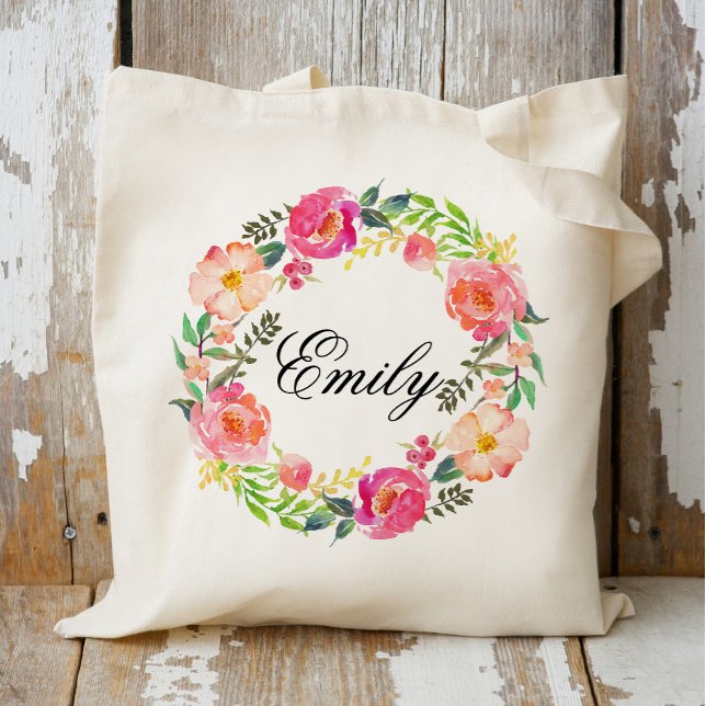 Personalised Pink Floral Wreath Braidsmaid,Welcome Tote Bag (Creator Uploaded)