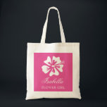 Personalised pink flower girl wedding tote bags<br><div class="desc">Personalised pink flower girl wedding tote bags. Cute totes for flowergirls at wedding or bridal shower. Elegant script typography design with tropical hawaiian Hibiscus floral print. Personalizable for brides entourage; bridesmaids, maid of honour, matron of honour, mother of the bride etc. Classy idea for beach theme destination marriage in summer...</div>
