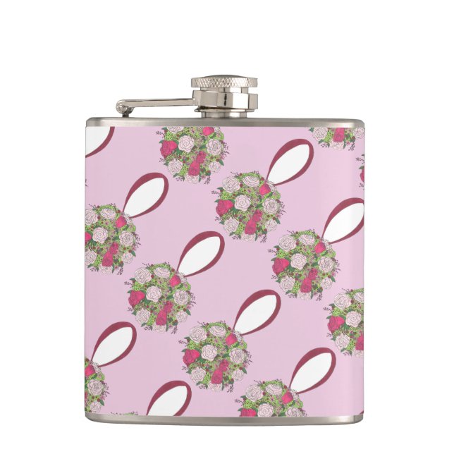 Personalised Pink Flower Rose Wedding Bouquet Hip Flask (Front)