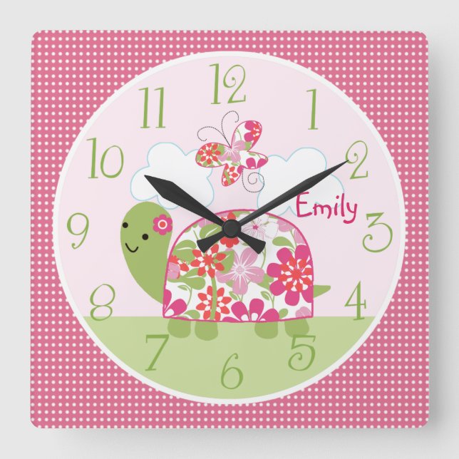 Personalised Pink Flower Turtle/Butterfly Clock (Front)