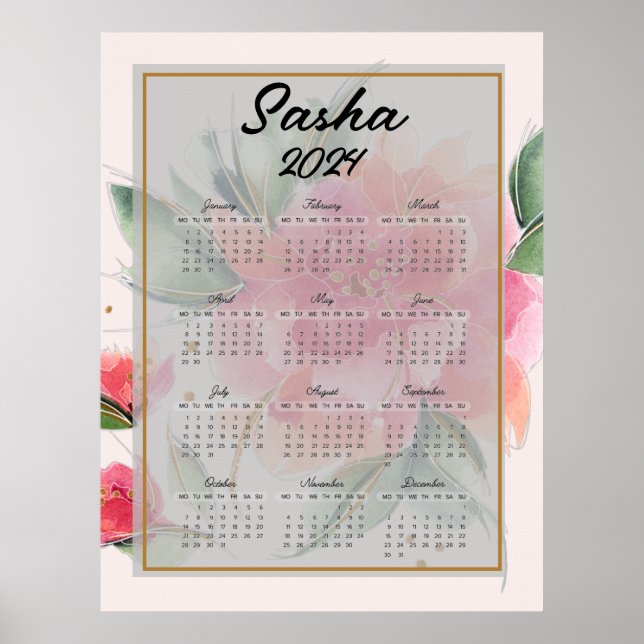 Personalised Pink flowers  calendar     Poster (Front)