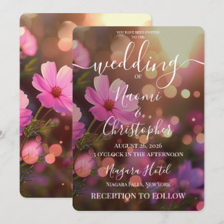 Personalised Pink Flowers Gold Bokeh Wedding Invitation