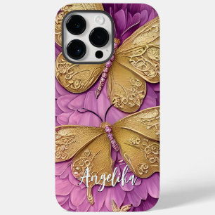 Personalised Pink Flowers Gold Butterflies Name Case-Mate iPhone 14 Pro Max Case