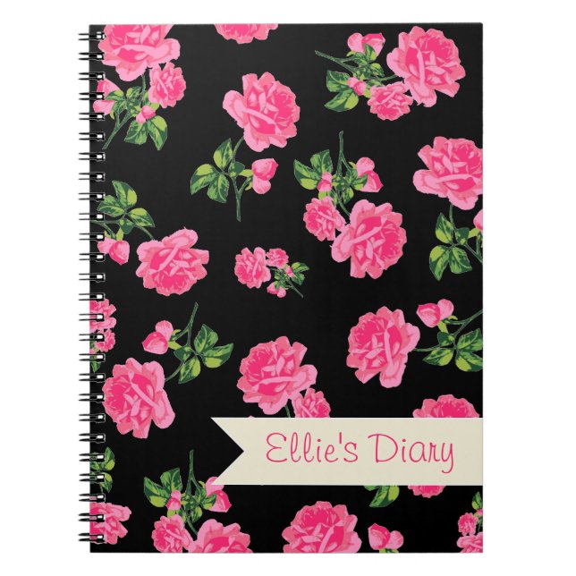 Personalised Pink flowers & stylish black notebook (Front)