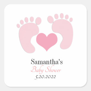 Personalised Pink Footprints Hearts Baby Shower Square Sticker