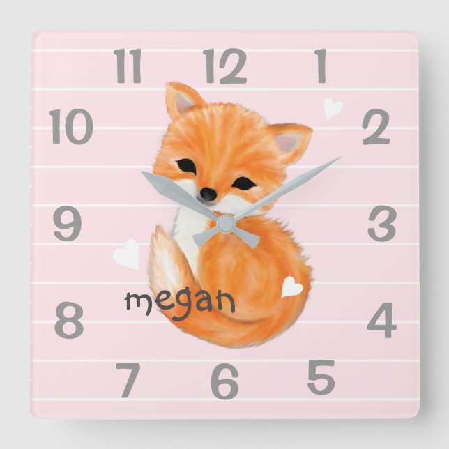 Personalised Pink Fox Nursery Wall Clock (Front)