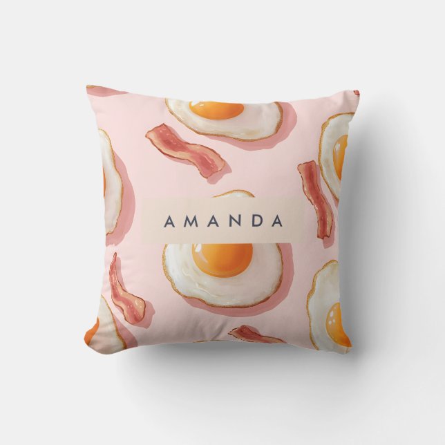 Personalised Pink Fried Eggs and Bacon Pattern Cushion (Front)