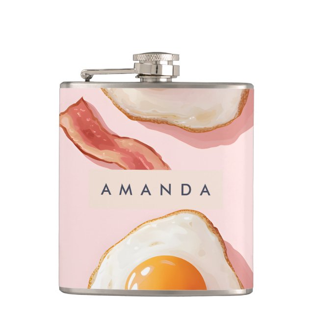 Personalised Pink Fried Eggs and Bacon Pattern Hip Flask (Front)