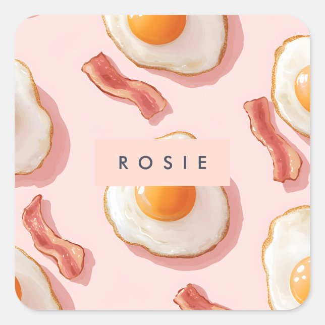 Personalised Pink Fried Eggs and Bacon Pattern Square Sticker (Front)