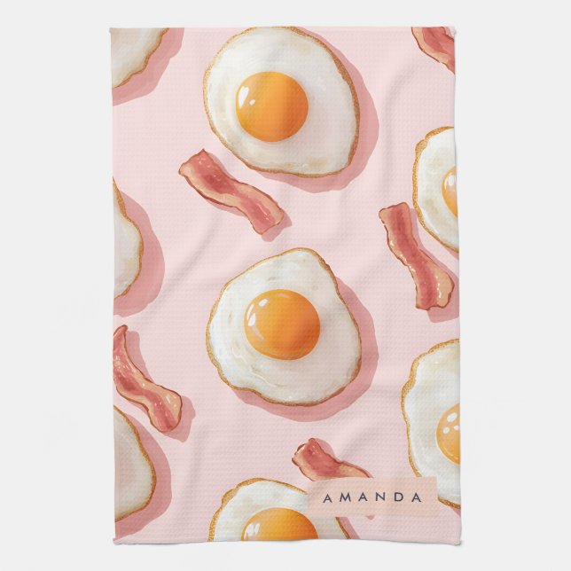 Personalised Pink Fried Eggs and Bacon Pattern Tea Towel (Vertical)