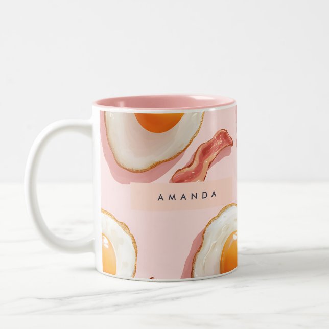 Personalised Pink Fried Eggs and Bacon Pattern Two-Tone Coffee Mug (Left)