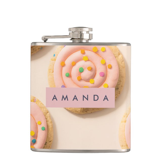Personalised Pink Frosted Cookie Pattern Hip Flask (Front)