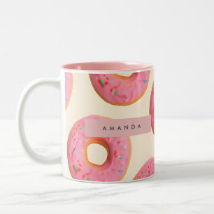 Personalised Pink Frosted Doughnut Pattern Two-Tone Coffee Mug