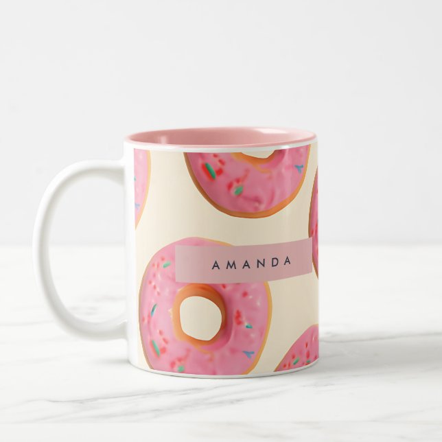 Personalised Pink Frosted Doughnut Pattern Two-Tone Coffee Mug (Left)
