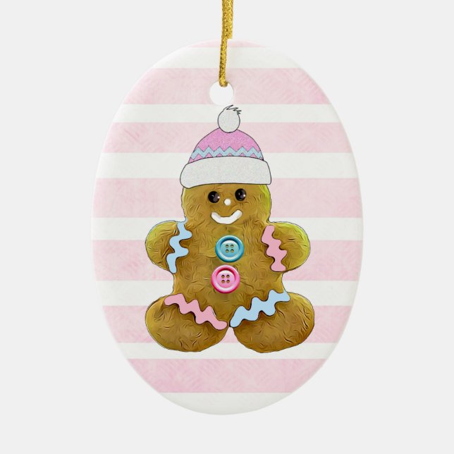 Personalised Pink Gingerbread Man Christmas Ceramic Ornament (Front)