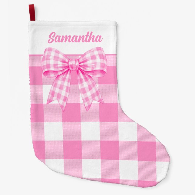 Personalised Pink Gingham Bow Christmas Stocking (Front)