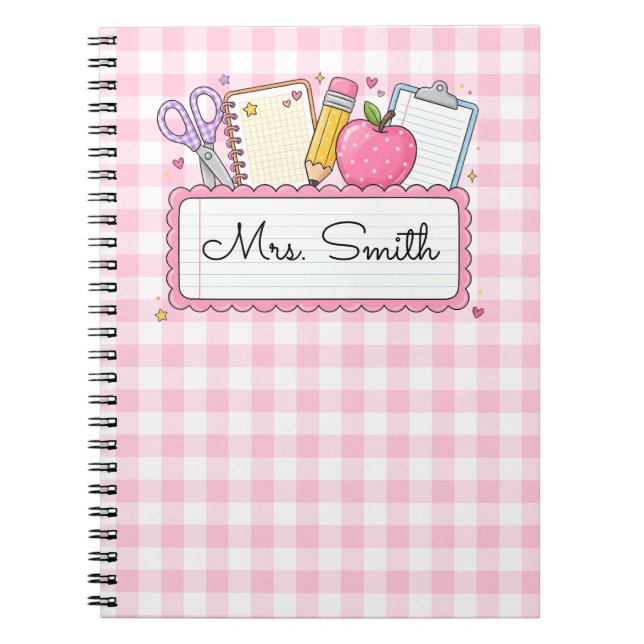 Personalised Pink Gingham Teacher Notebook (Front)