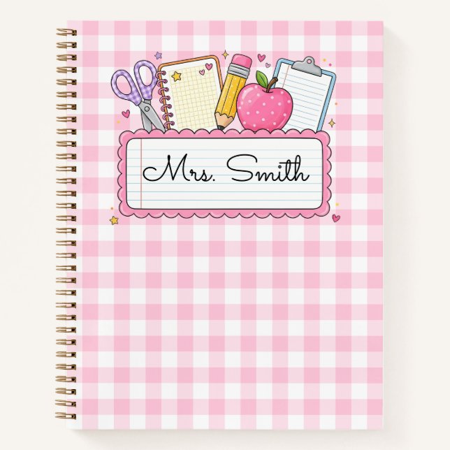 Personalised Pink Gingham Teacher Notebook (Front)