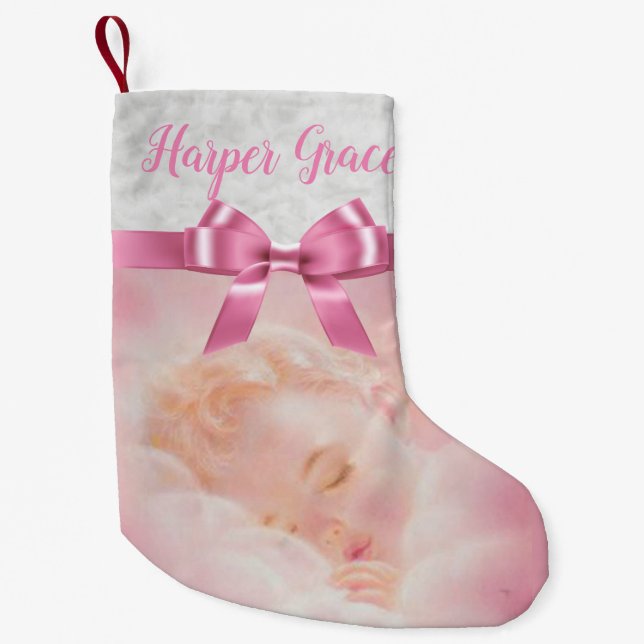 Personalised Pink Girl Baby Sleeping Small Christmas Stocking (Front)