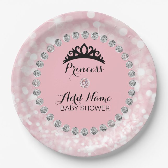 Personalised Pink Girl Princess Baby Shower Paper Plate (Front)