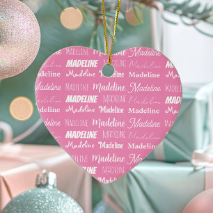Personalised Pink Girls Name Collage Christmas Ceramic Ornament