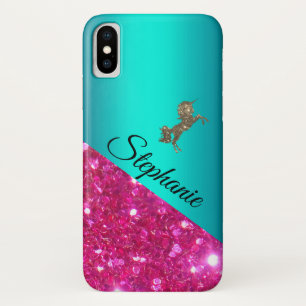 Personalised Pink Glitter and Aqua Sparkly Unicorn iPhone X Case