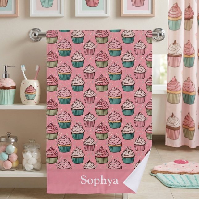 Personalised Pink Glitter Cupcake Beach Towel (Creator Uploaded)