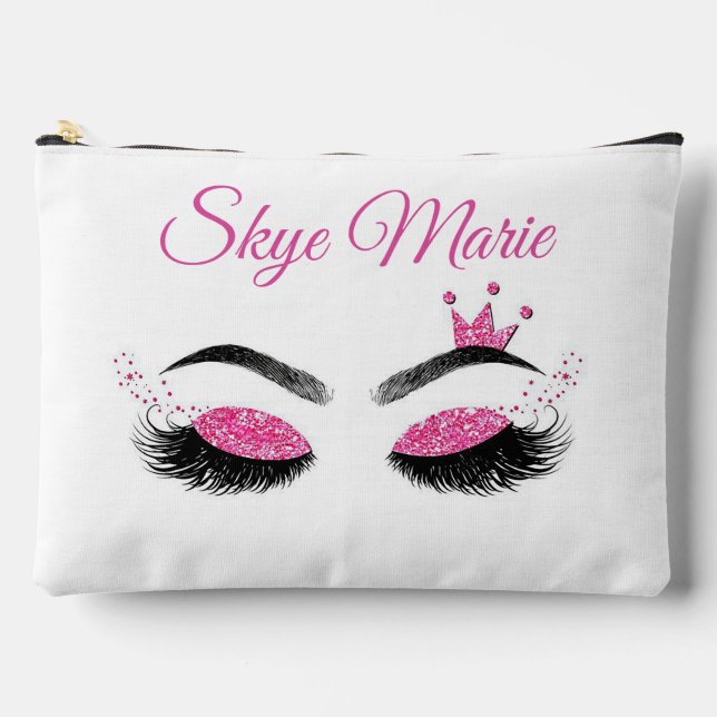 Personalised Pink Glitter Eyes Accessory Pouch (Front)