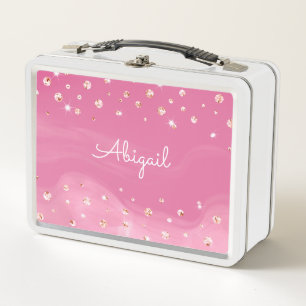 Personalised Pink Glitter Girly Metal Lunch Box