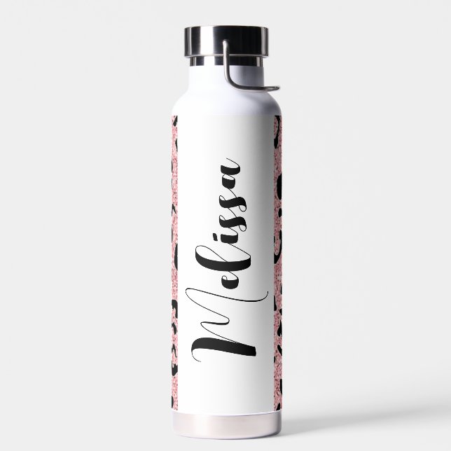 Personalised Pink Glitter Leopard Print Water Bottle (Left)