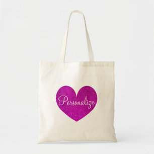 Personalised pink glitter love heart tote bag