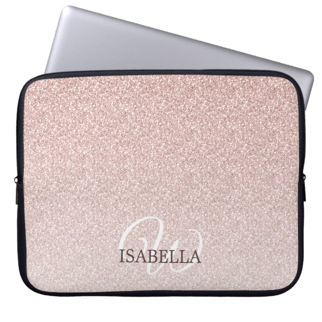 Personalised Pink Glitter Ombre Name Monogram Laptop Sleeve (Front)