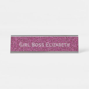 Personalised Pink Glitter & Silver Girl Boss Funny Desk Name Plate