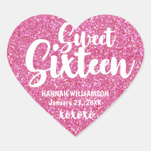 Personalised Pink Glitter Sweet Sixteen XOXOXO Heart Sticker