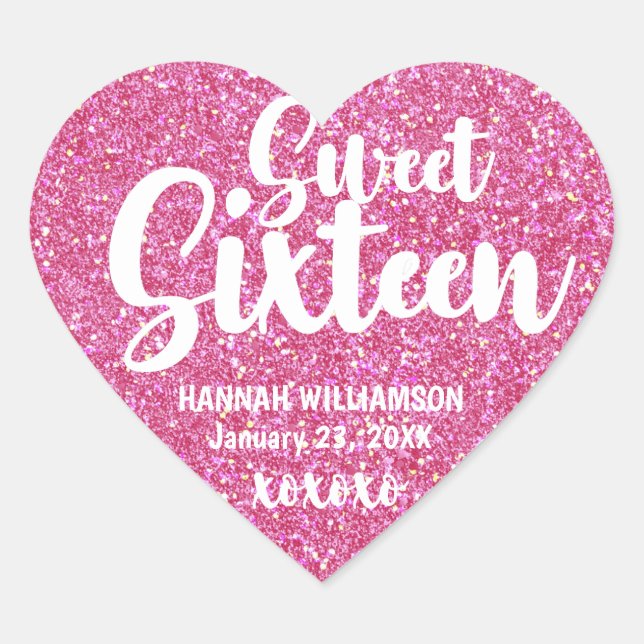 Personalised Pink Glitter Sweet Sixteen XOXOXO Heart Sticker (Front)