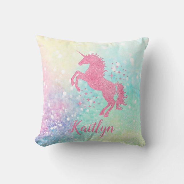 Personalised Pink Glitter Unicorn and Rainbow  Cushion (Front)