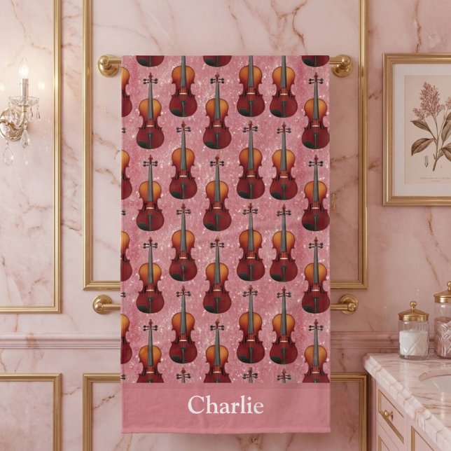 Personalised Pink Glitter Violin Bath Towel (Creator Uploaded)