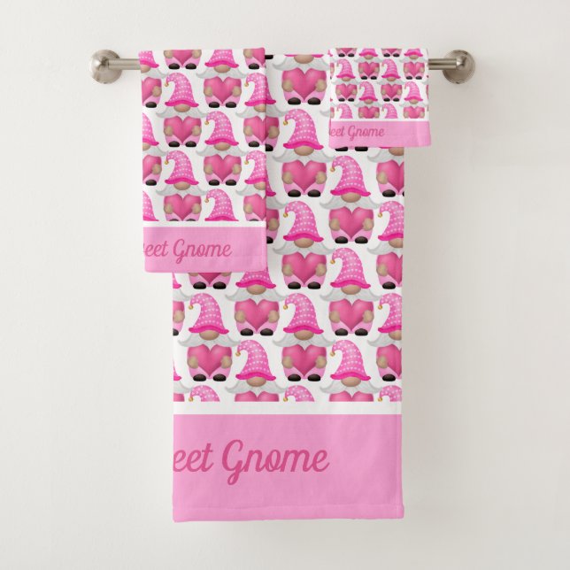 Personalised Pink Gnomes Hearts Woodland Whimsical Bath Towel Set (Insitu)