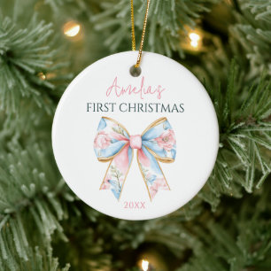 Personalised Pink Gold Bow Baby Girl 1st Christmas Ceramic Ornament
