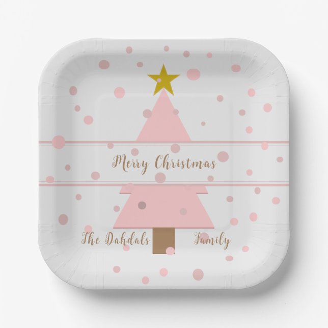 Personalised Pink, Gold Christmas Tree and Star Paper Plate (Front)