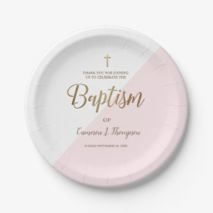 Personalised pink Gold Cross Baby Baptism custom  Paper Plate