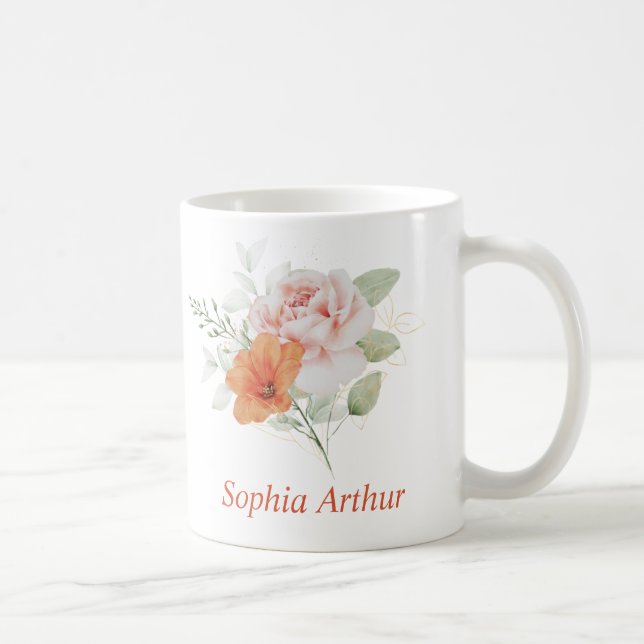 Personalised Pink Gold Flower Bouquet Coffee Mug (Right)