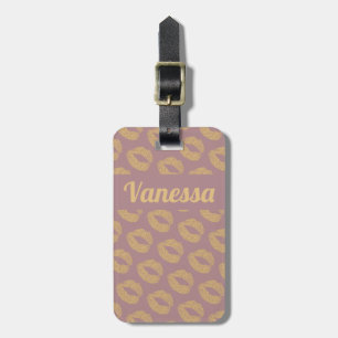 Personalised Pink Gold Glitter Lips Luggage Tag