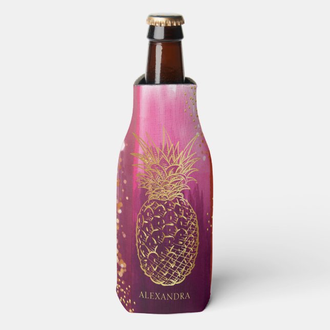 Personalised Pink Gold Pineapple Glitter Bottle Cooler (Bottle Front)