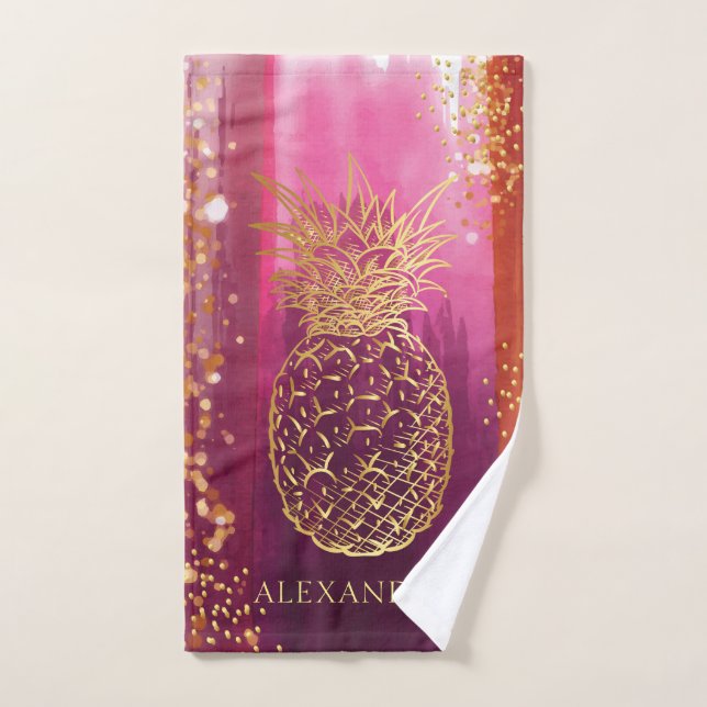 Personalised Pink Gold Pineapple Glitter Hand Towel (Hand Towel)